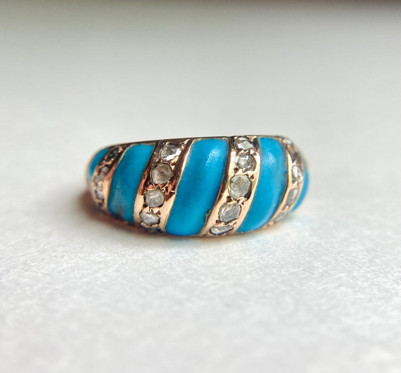 Antique Victorian 14K Gold Diamond & Turquoise Enamel Band Ring, sz 7.25 7.2g Bild 1