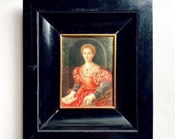 Vintage Italian Miniature Portrait Painting of Bronzino’s Lucrezia Panciatichi