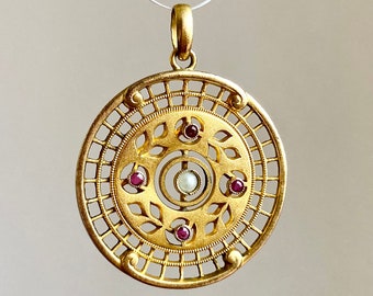 Antique Gold Filled Faux Ruby & Pearl Medallion Pendant Edwardian Art Nouveau