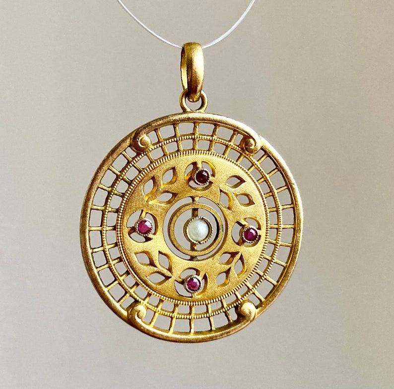 Antique Gold Filled Faux Ruby & Pearl Medallion Pendant Edwardian Art Nouveau image 1