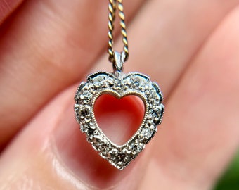 Sweet Antique Art Deco 14K White Gold Milgrain Diamond Heart Pendant Necklace 16