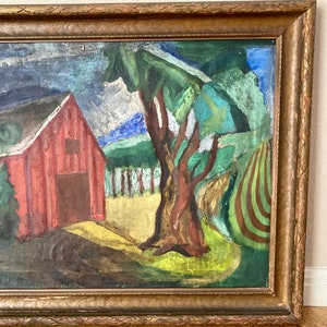 Early Modernist WPA Era Farm Scene Painting Red Barn & Fields, Mystery Artist image 5