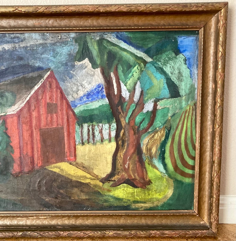 Early Modernist WPA Era Farm Scene Painting Red Barn & Fields, Mystery Artist image 5