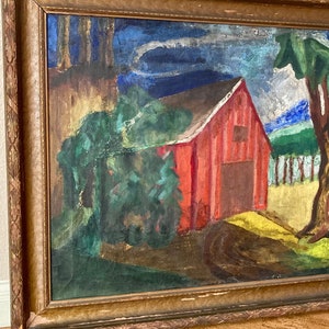 Early Modernist WPA Era Farm Scene Painting Red Barn & Fields, Mystery Artist image 4