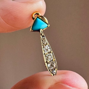 Antique 18K 750 Yellow Gold Old Diamond & Turquoise Arrow Pendant Charm Art Deco image 1