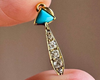 Antique 18K 750 Yellow Gold Old Diamond & Turquoise Arrow Pendant Charm Art Deco