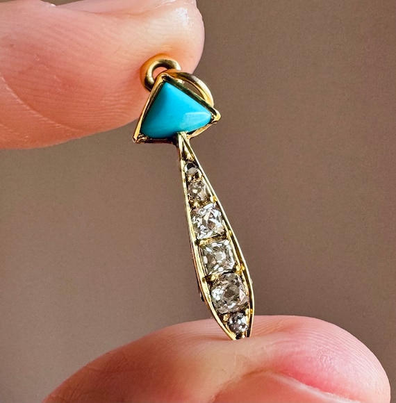 Antique 18K 750 Yellow Gold Old Diamond & Turquoise Arrow Pendant 