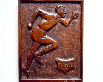 Antique Art Deco Folk Art Carved Wood Relief Panel of Track Runner 1942 Signed