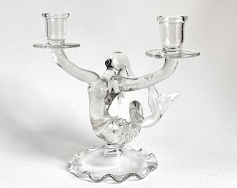 Antique Art Deco Murano Glass Mermaid Candelabra Candle Holder, Italian Venetian