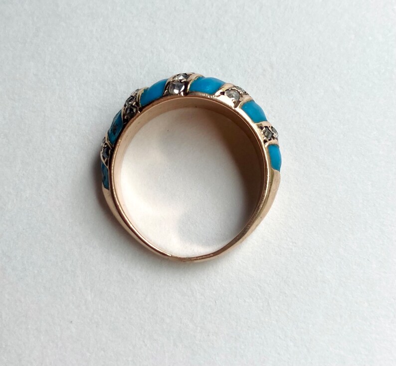 Antique Victorian 14K Gold Diamond & Turquoise Enamel Band Ring, sz 7.25 7.2g Bild 8