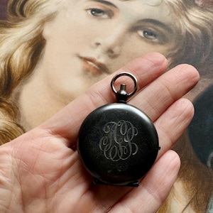 Antique Gunmetal Mirrored Locket Compact Chatelaine Victorian Edwardian Estate