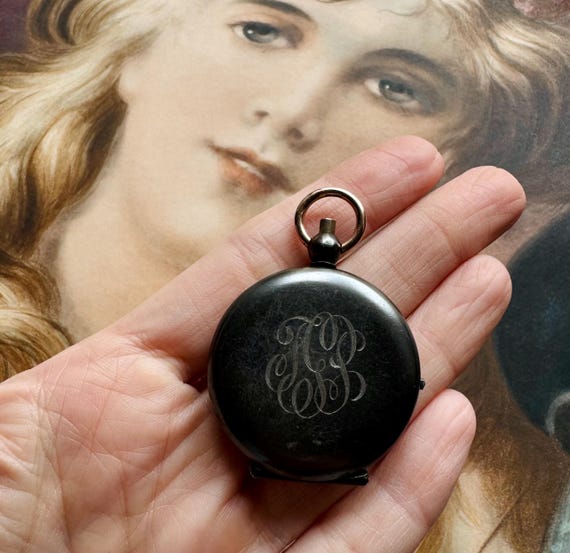 Antique Gunmetal Mirrored Locket Compact Chatelaine Victorian Edwardian Estate