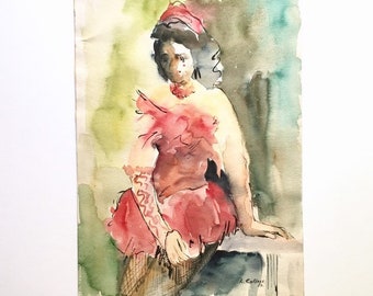 Modernist Abstract Watercolor Ballerina Dancer in Red 1950 Vintage Artist Signed