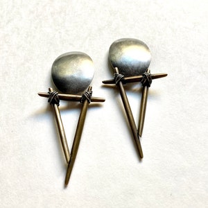 Cool Postmodern Studio Made Sterling Silver & Bronze Earrings, 1992 Vintage Clip image 6
