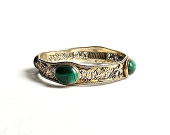 Lovely Antique Chinese Export Silver Gilt Art Nouveau Malachite Bracelet, C 1900