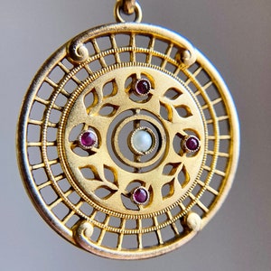 Antique Gold Filled Faux Ruby & Pearl Medallion Pendant Edwardian Art Nouveau image 5