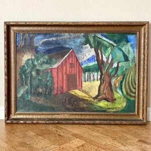 Early Modernist WPA Era Farm Scene Painting Red Barn & Fields, Mystery Artist image 2