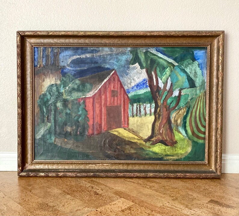 Early Modernist WPA Era Farm Scene Painting Red Barn & Fields, Mystery Artist image 2