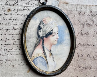 1832 Antique Miniature Portrait Watercolor Painting of Young Woman Artist Signed