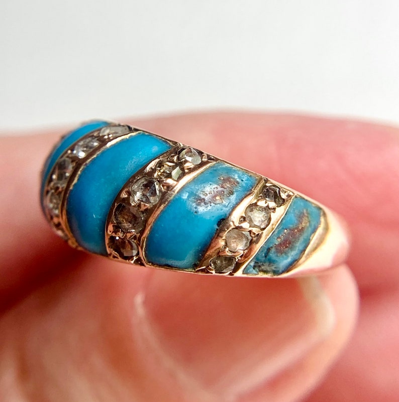 Antique Victorian 14K Gold Diamond & Turquoise Enamel Band Ring, sz 7.25 7.2g Bild 6
