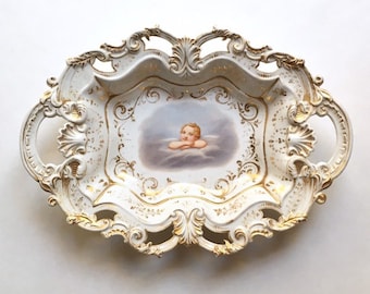 Antique Schmeisser SPM Porcelain Cabinet Bowl Hand Painted Angel, 19th C. German