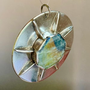 Cool Modernist Sterling Silver Labradorite Sunburst Pendant Vintage Signed 1975 image 5