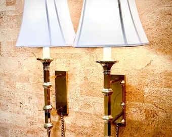 Pair of Vintage Paul Hanson Brass Wall Mounted Lamps / Sconces w/ Chain Cords