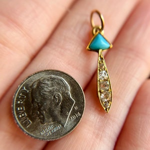 Antique 18K 750 Yellow Gold Old Diamond & Turquoise Arrow Pendant Charm Art Deco image 7