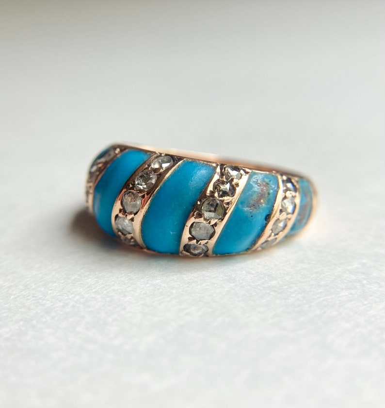 Antique Victorian 14K Gold Diamond & Turquoise Enamel Band Ring, sz 7.25 7.2g Bild 2