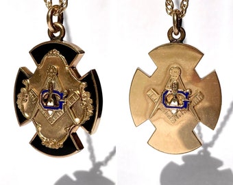 Antique Gold Filled Onyx & Enamel Masonic Cross Fob Pendant, Victorian Edwardian