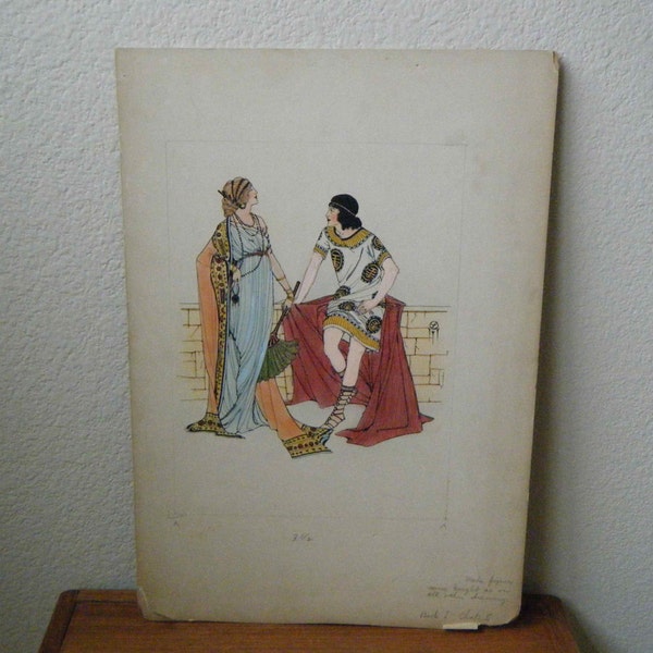 ON SALE - Vintage Art Deco Original Illustration on Board, Greek Scene, Was 32 Dollars