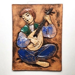 Vintage Karlsruhe Large Pottery Wall Tile Man w/ Lute, 1960s Germany Modernism