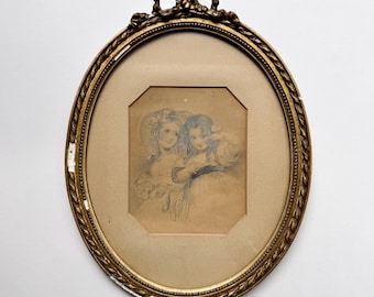 Antique Victorian Drawing of Two Girls after Rodolphe Bresdin, 19th C British