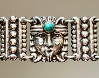 Antique Mexican Art Deco Sterling Silver Bracelet Aztec Egyptian Revival Signed