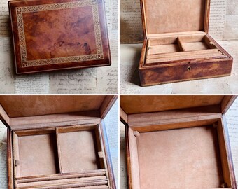 Antique Florentine Italian Brown  Leather Jewelry Box Grand Tour Edwardian As Is