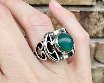 Unusual Antique Arts & Crafts Sterling Silver Green Chalcedony Ring Sz 6.75 8.7g