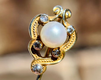 Antique 14K Yellow Gold Pearl Diamond Stick Pin, Victorian Edwardian Art Nouveau