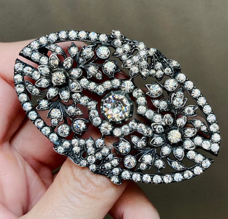 Impressive Large Antique Edwardian Silver & Paste Faux Diamond Glass Brooch image 5