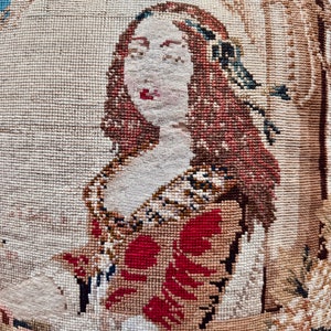 Antique Victorian Needlepoint Embroidery Throw Pillow Portrait of Young Woman image 6