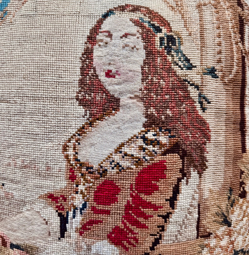 Antique Victorian Needlepoint Embroidery Throw Pillow Portrait of Young Woman image 6