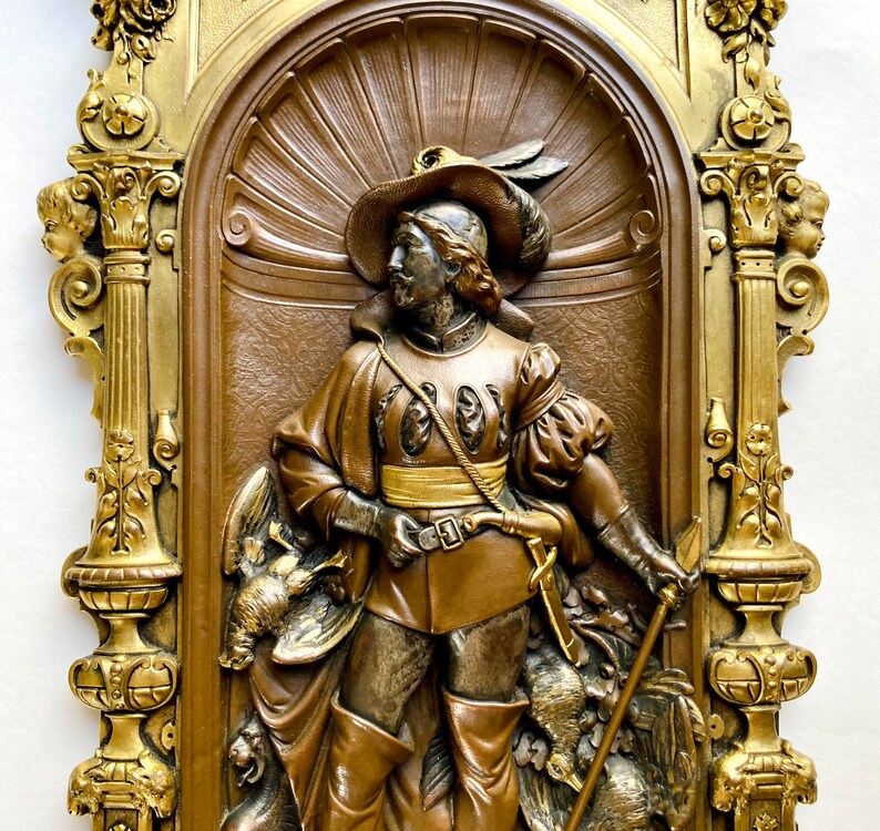 Antique Gustav Grohe Gilt Bronze Plaque German Pikeman 19thC Renaissance Revival image 4