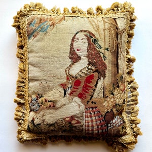 Antique Victorian Needlepoint Embroidery Throw Pillow Portrait of Young Woman image 1