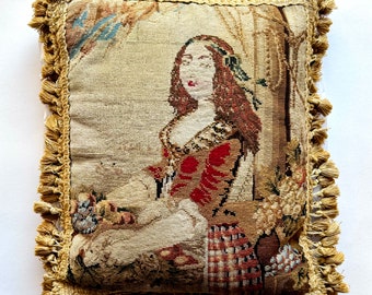 Antique Victorian Needlepoint Embroidery Throw Pillow Portrait of Young Woman