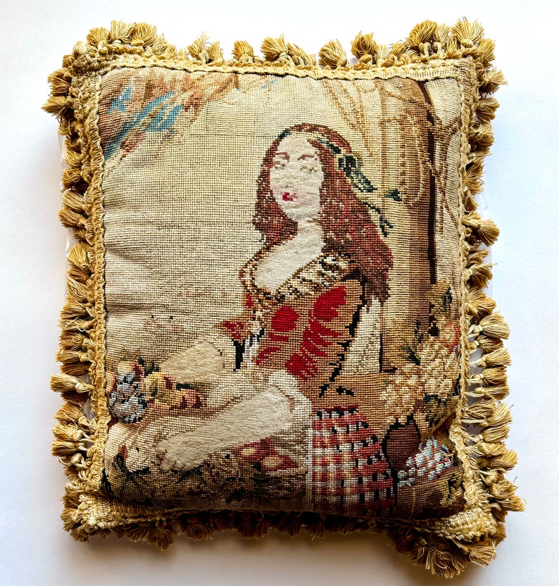 Antique Victorian Needlepoint Embroidery Throw Pillow Portrait of Young Woman image 1