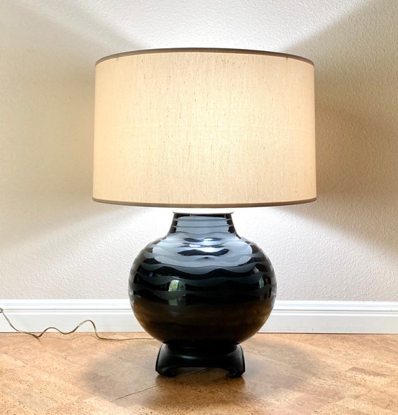 Vintage Alvino Bagni Black Wave Wax Resist Pottery Table Lamp