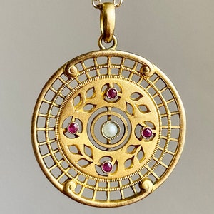 Antique Gold Filled Faux Ruby & Pearl Medallion Pendant Edwardian Art Nouveau image 4