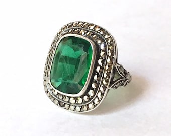 Antique Art Deco Sterling Silver Faux Emerald Paste & Marcasite Ring, Size 3.75