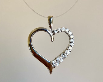 Vintage 14K White Gold Diamond Heart Pendant, Mothers Day Anniversary Gift