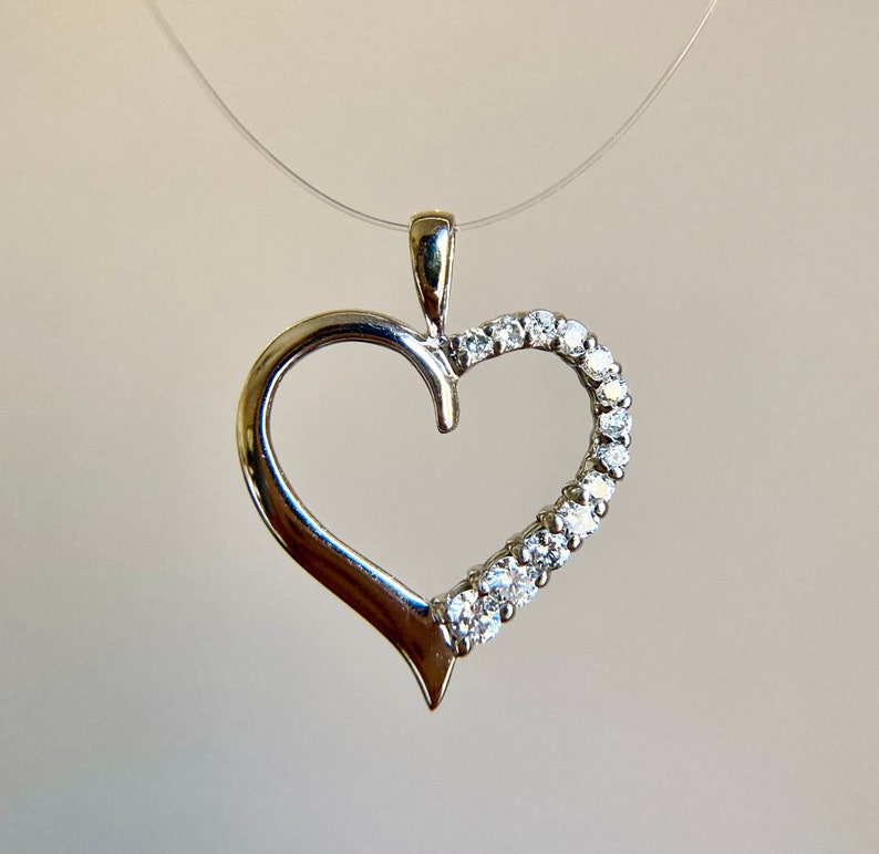 Vintage 14K White Gold Diamond Heart Pendant, Mothers Day Anniversary Gift image 1
