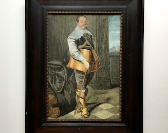 Antique Dutch Baroque Style Watercolor Portrait of Guardsman, Likely 19th C.